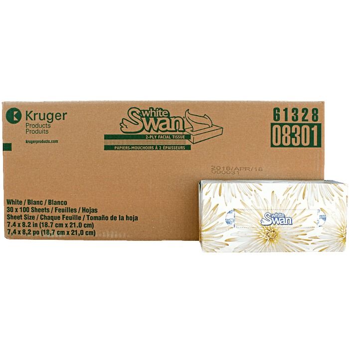 White Swan® 2-Ply Facial Tissue; 7.4" x 8.2" (18.8 cm x 20.8 cm), 100/box — Case of 3000