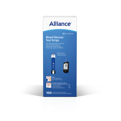 Medline Alliance blood glucose test strips, box of 100, model 211-BGS0100