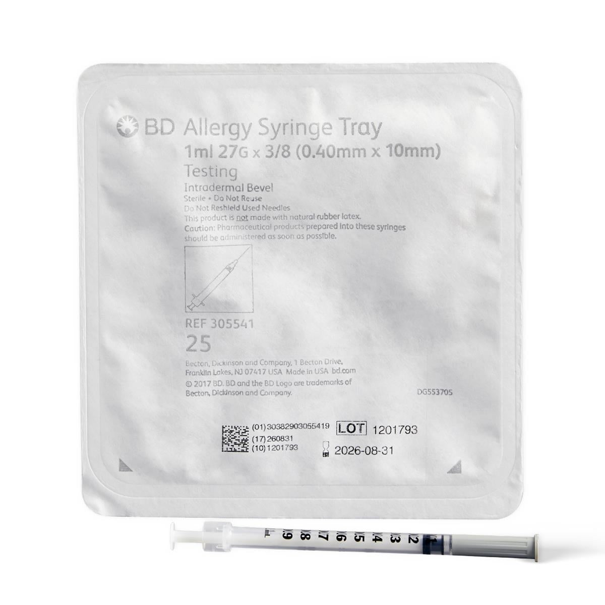 BD® Allergist Tray, Syringe with PrecisionGlide™ Needle; 1 cc (mL), 27 G x 3/8"(9.53 mm)