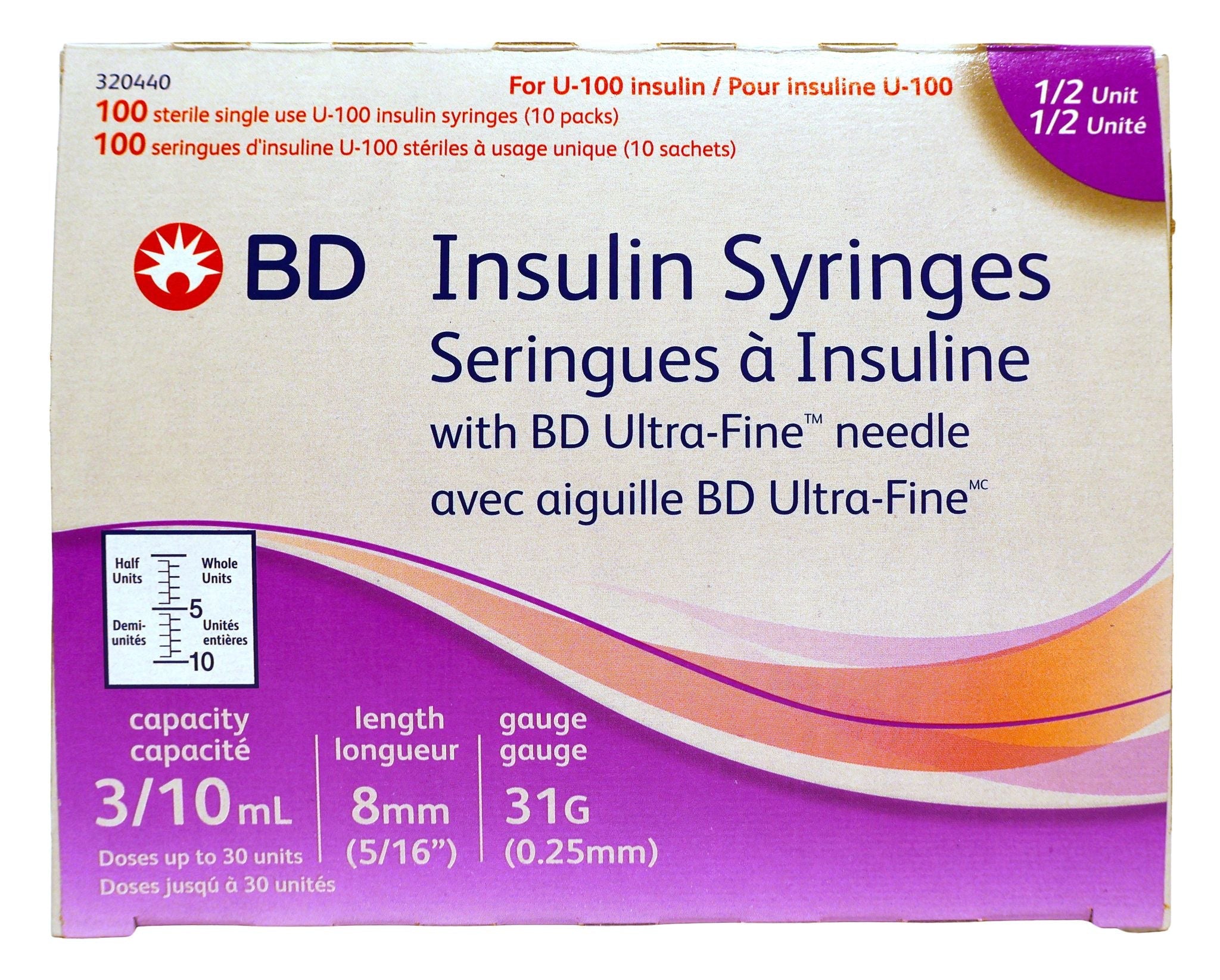BD® Insulin Syringe with BD® Ultra-Fine™ Fixed Needle; 0.3 cc (mL), 31G x 5/16", Thin Wall (8 mm)