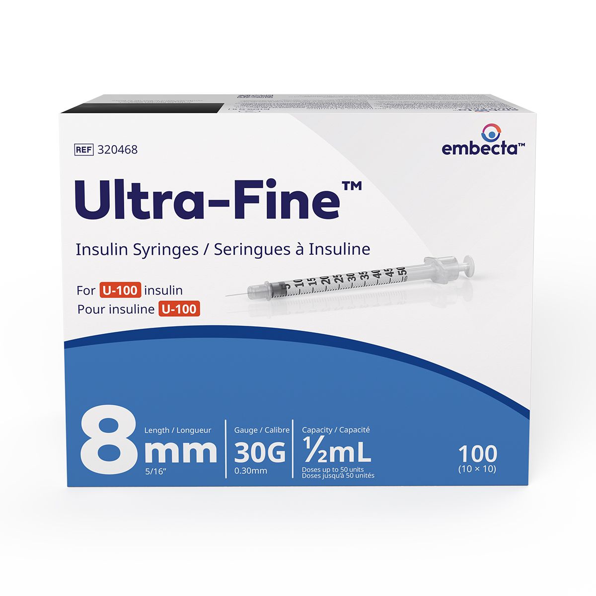 BD® Insulin Syringe with BD® Ultra-Fine™ Fixed Needle; 0.5 cc (mL), 30G x 5/16"(8 mm) — Box of 100