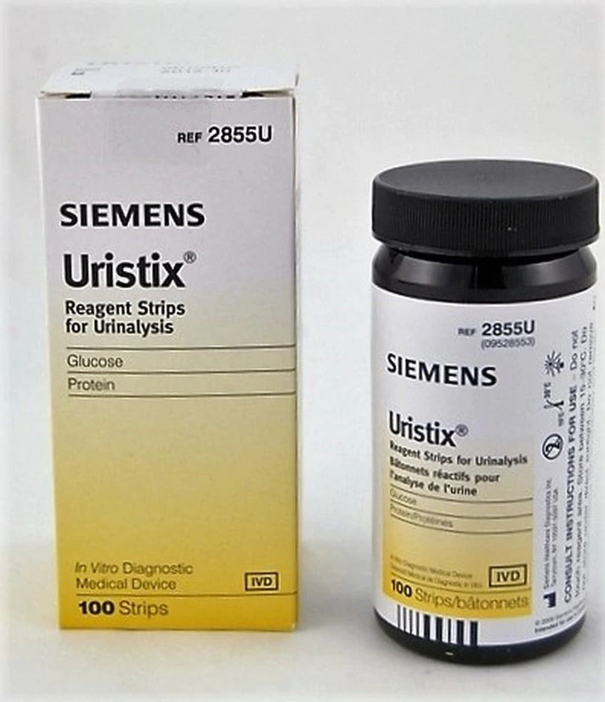 Siemens Uristix reagent strips, REF 2855U, 100-strip bottle and box
