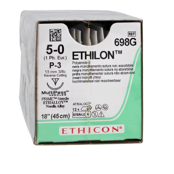 Ethilon 5-0 black nylon suture packaging, 344-698G, P-3 needle, box of 12
