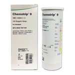 Roche Chemstrip 9 urine test strips, bottle and carton, 100 tests