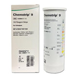 Roche Chemstrip 9 urine test strips, bottle and carton, 100 tests