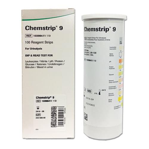 Roche Chemstrip 9 urine test strips, bottle and carton, 100 tests