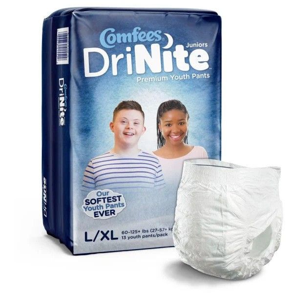 Comfees® DriNite Juniors® Premium Youth Pants; Size Large/Extra Large, 60-125 lb. (27.2 kg - 56.7 kg) — Case of 52