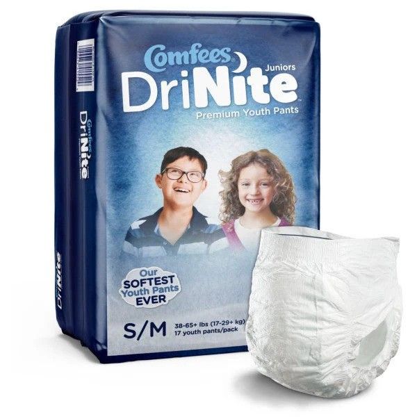 Comfees® DriNite Juniors® Premium Youth Pants; Size Small/Medium, 38-65 lb. (17.2 kg - 29.4 kg) — Case of 68