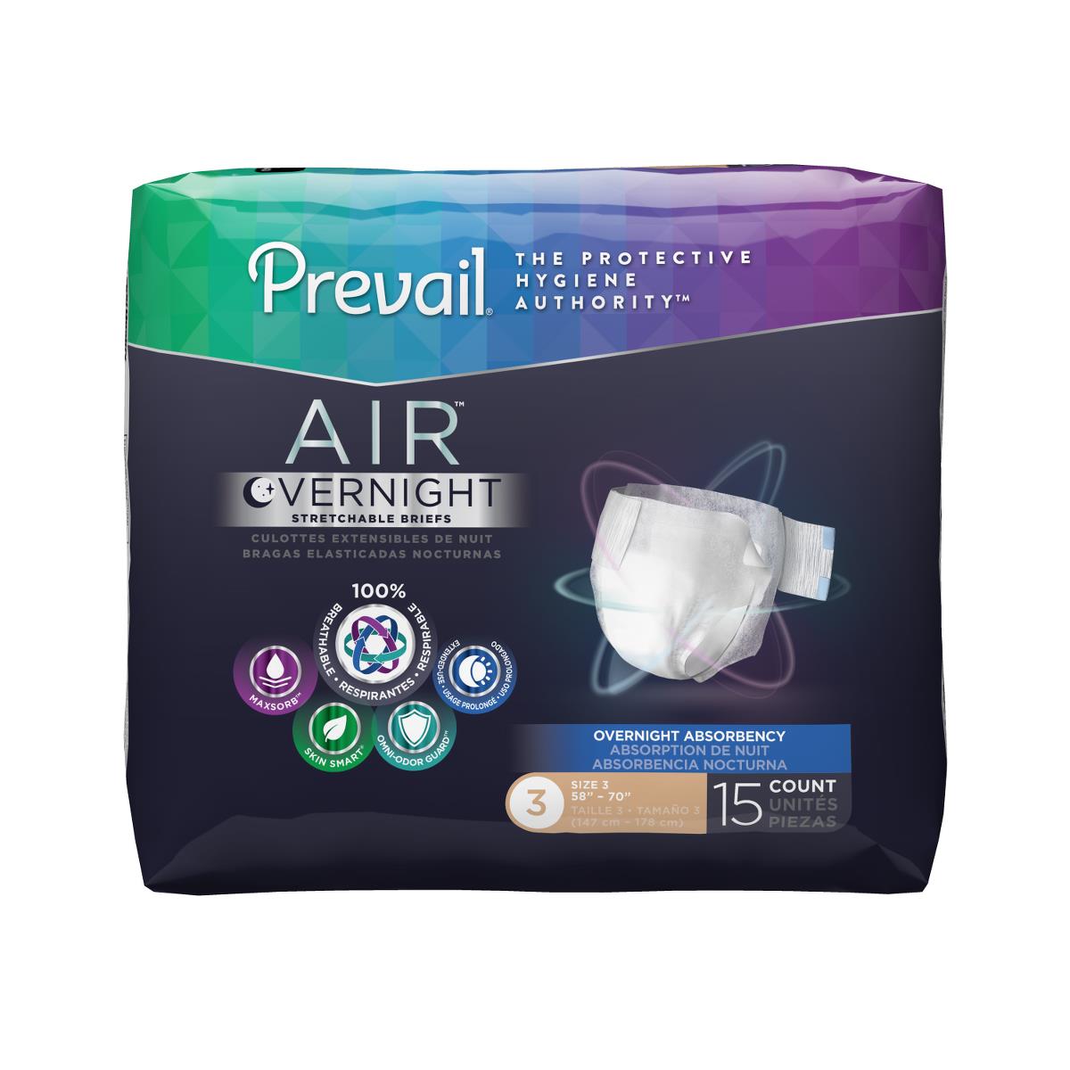 Prevail® Air Max Overnight 100% Breathable Stretch Brief, Size 3/XL/BA, 58"-73", Gray
