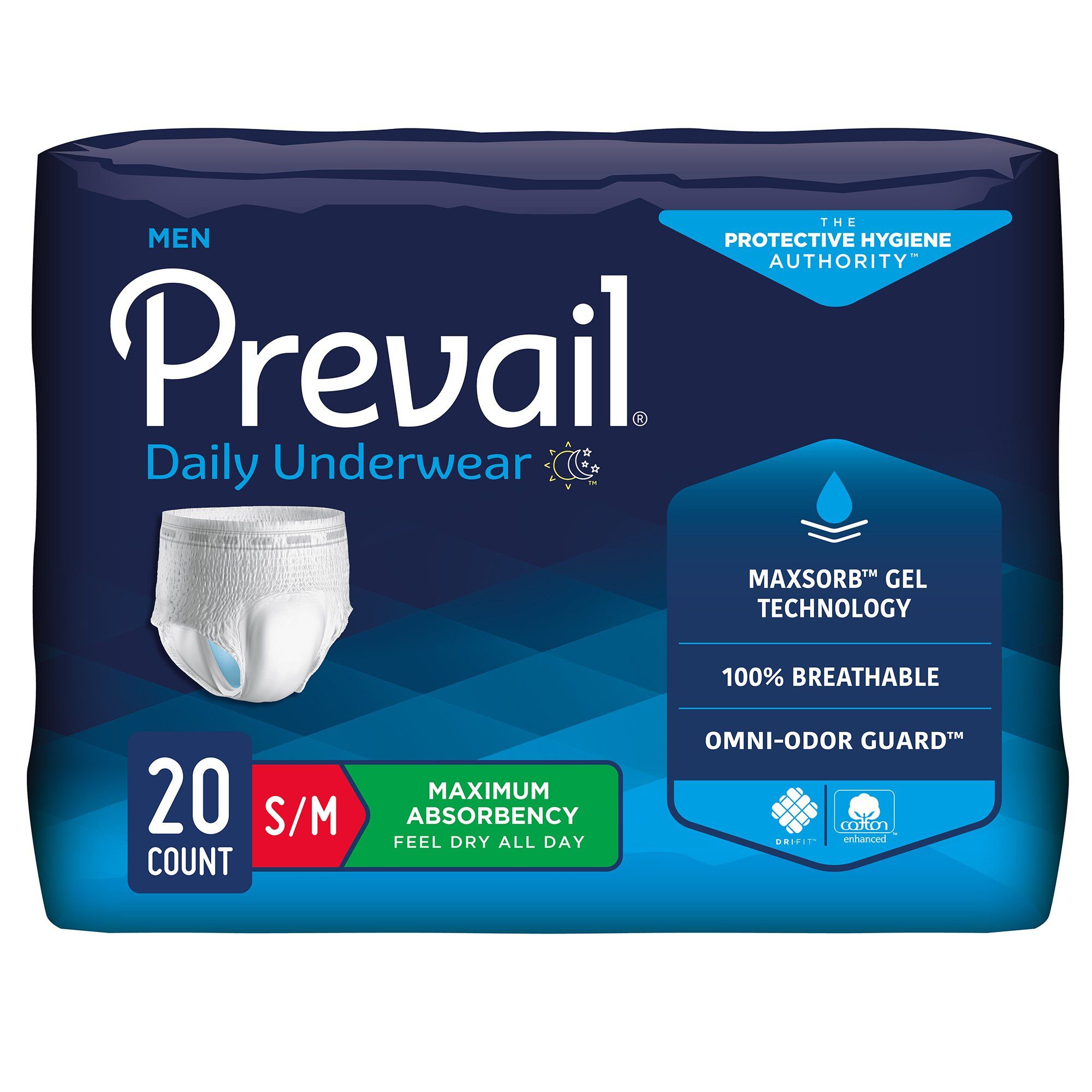 Prevail® Maximum-Absorbency Incontinence Underwear for Men; Small/Medium, 28"-40" (71 cm - 101.5 cm)