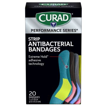 CURAD Performance Series Antibacterial Bandages Fabric Strip 1in x 3.25in Assorted 60Ct