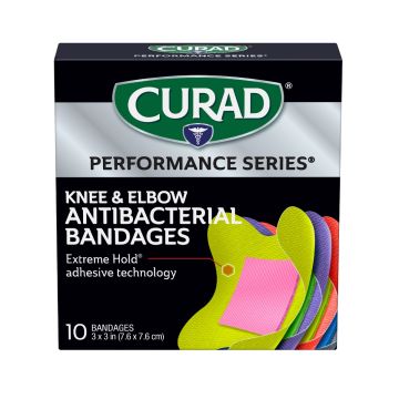 CURAD Performance Series Antibacterial Bandages Elbow/Knee Fabric H-Shape 3in x 3in Assorted 10Ct