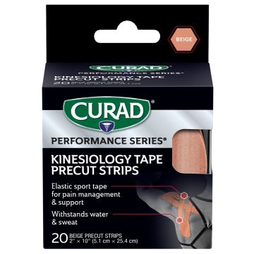 CURAD Performance Series Kinesiology Tape 2in x 10in Beige 12 Rolls 20Ct Strips