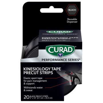CURAD Performance Series Kinesiology Tape 2in x 10in Black 20Ct Strips with Canister