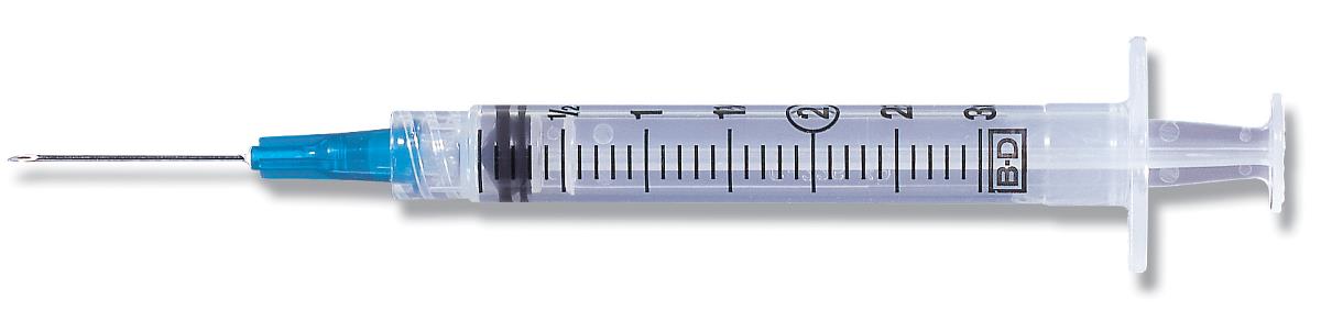 BD® Syringe with Standard Hypodermic Needle; 3 cc (mL), 23G x 1" (2.54 cm) — Box of 100