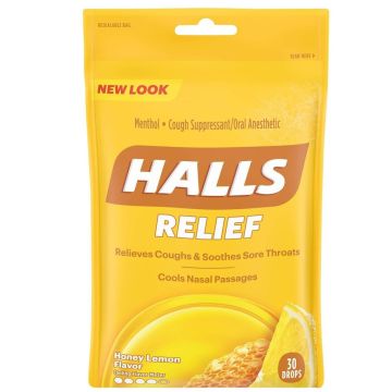 Halls Cough & Sore Throat Relief Lozenges Honey Lemon 30Ct