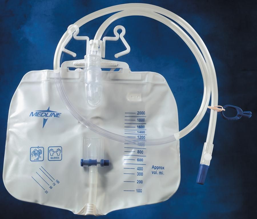Latex-Free Urinary Drain Bag; Anti-Reflux Tower and Metal Clamp Drainage Port, 2,000 mL