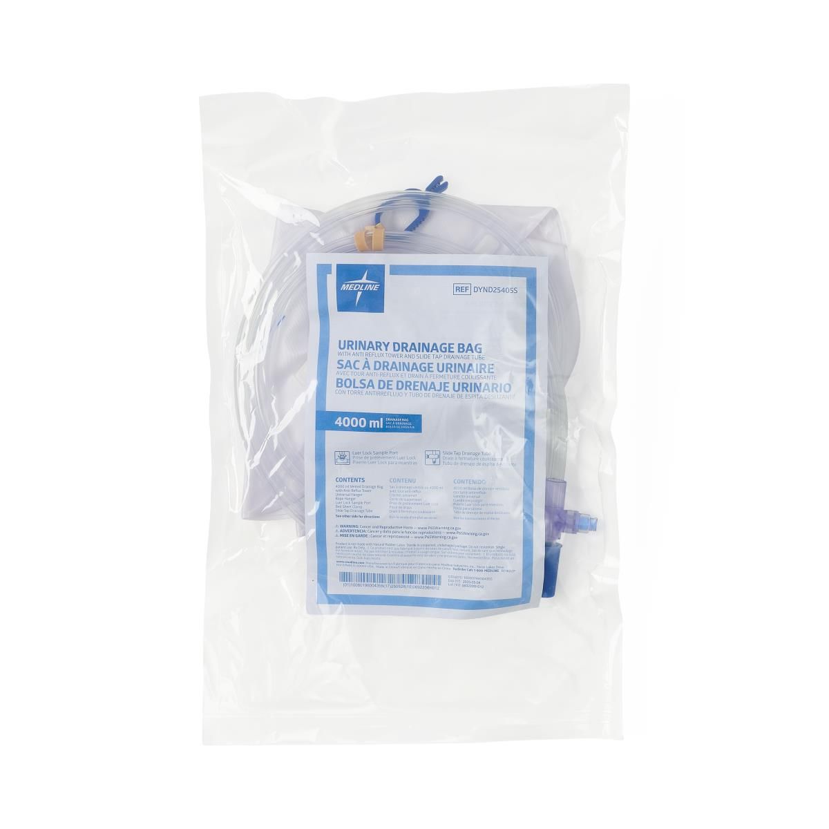 Slide Tap Urinary Drain Bag with Anti-Reflux Tower, Slide Tap and Luer Lock; 4000 mL