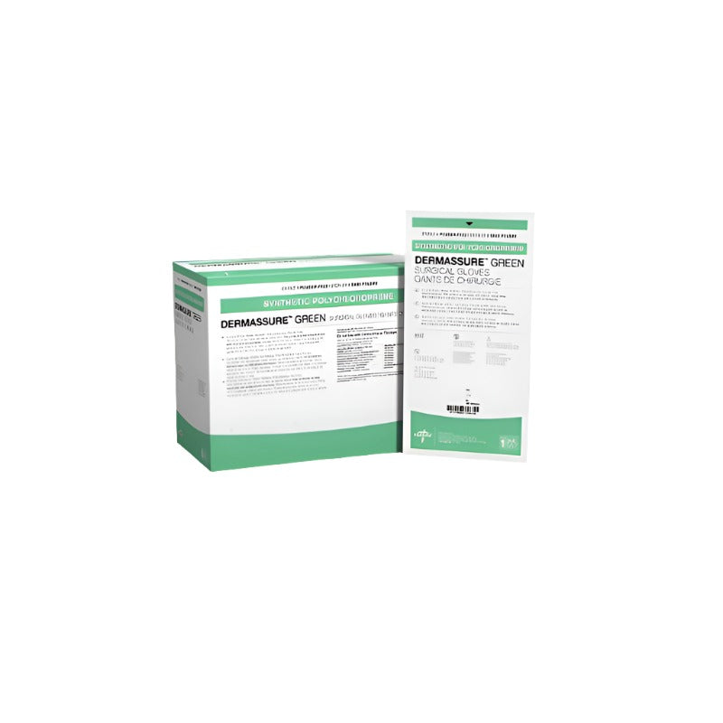 DermAssure green sterile polyisoprene surgical glove family image; case of 200 pairs, size 7.5