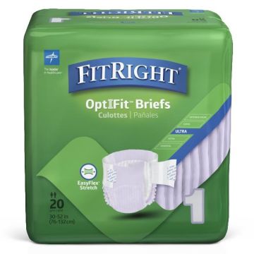 FitRight OptiFit Ultra-Stretch Incontinence Briefs Unisex Heavy Absorbency Size 1 30in-52in 80Ct