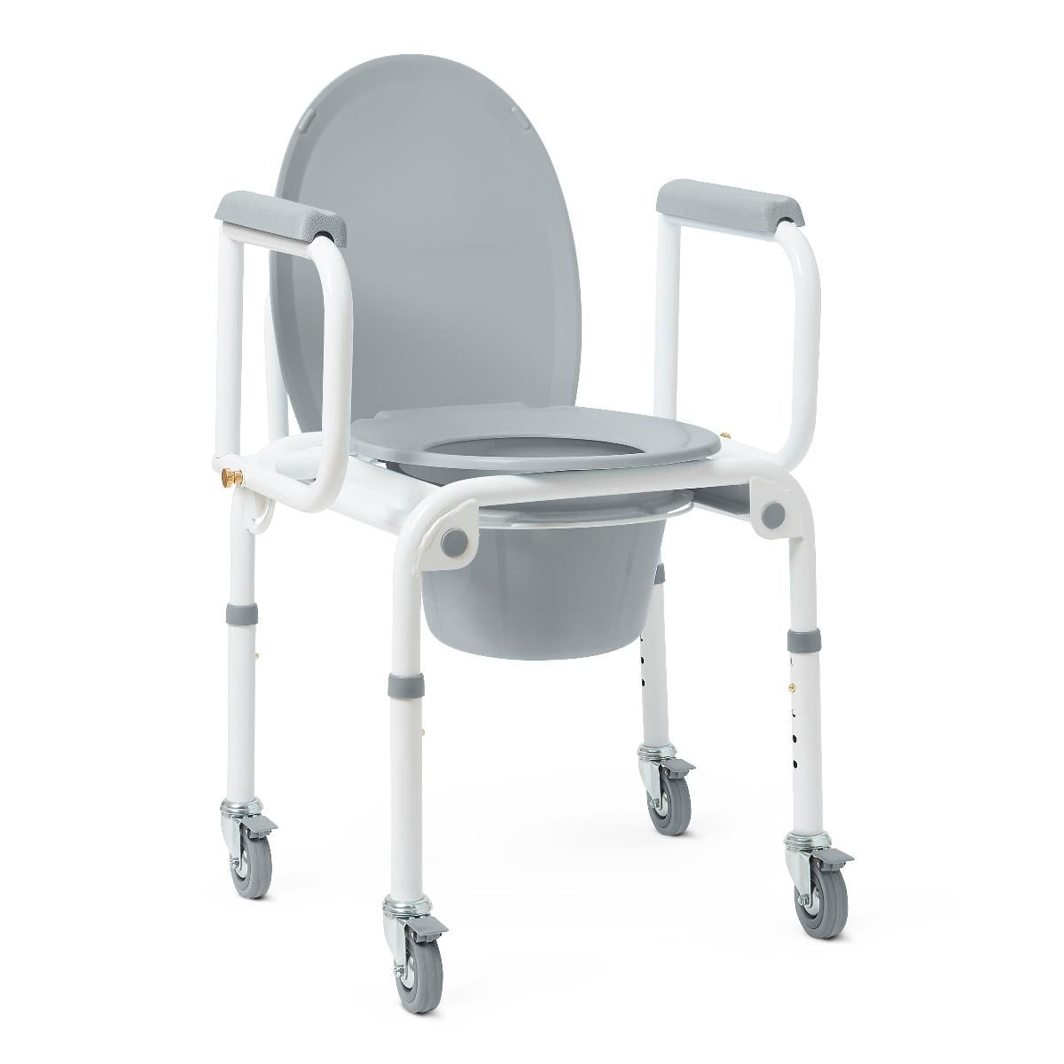 Guardian® Drop Arm Steel Commode, Elongated, White, Locking Casters