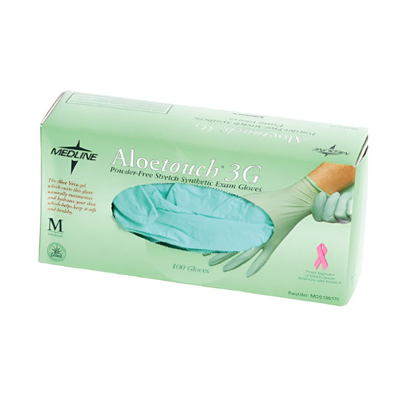 Medline AloeTouch 3G green synthetic examination glove family; case listing is 1,000 gloves