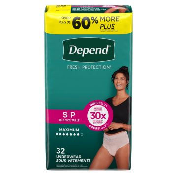 Depend Fresh Protection Incontinence Underwear Women Maximum Absorbency S 24in-30in 64Ct