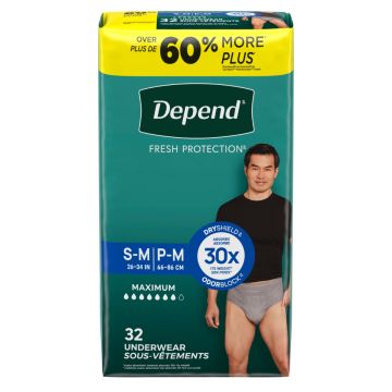 Depend Fresh Protection Incontinence Underwear Men Maximum Absorbency S/M 26in-34in 64Ct