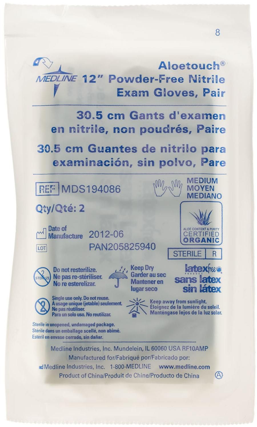 AloeTouch® Sterile Powder-Free Nitrile Exam Glove, Extended Cuff, 12" (30.5 cm), Green; Medium, Pair