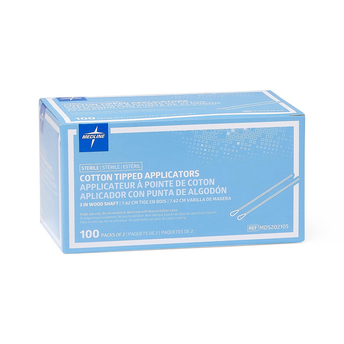 Medline Sterile Cotton-Tip Applicator, Wood Shaft, 3 in, Box of 200