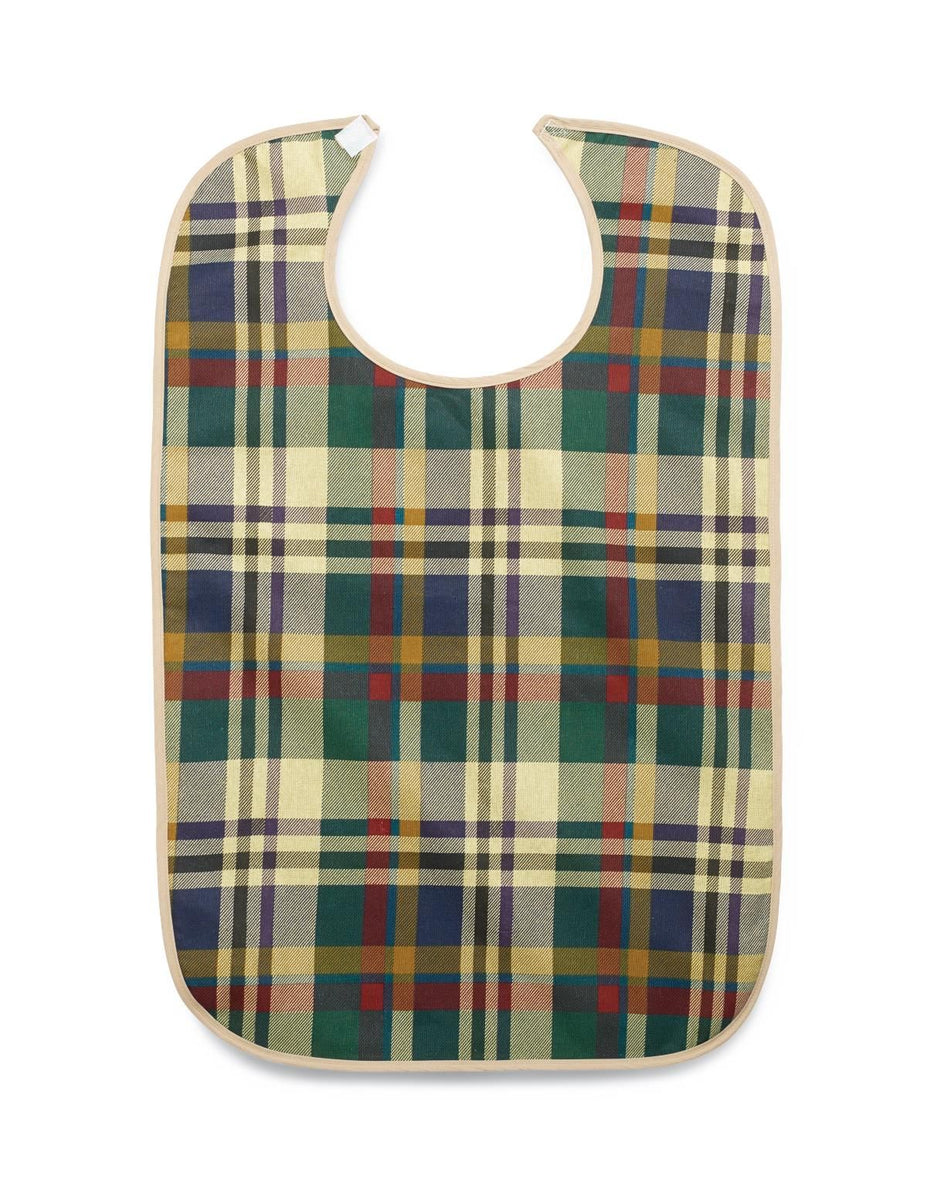 Bib Clothing Protector; 21" x 33" (53 x 84 cm), Tartan with Hook and Loop Strap, Terry Cloth