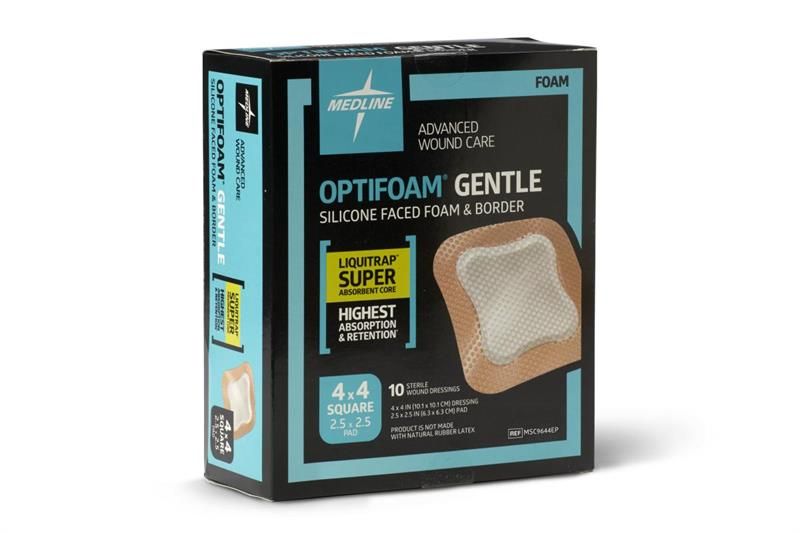 Optifoam® Gentle Silicone Adhesive Liquid Trap Foam Dressing with Border; 4" x 4" (10 cm x 10 cm)