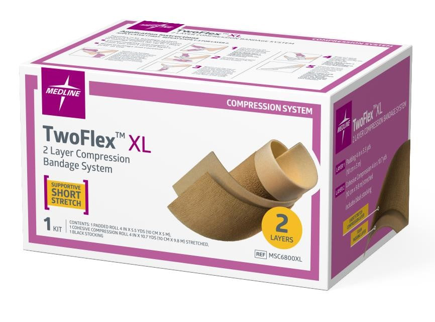 TwoFlex™ 2-Layer Compression Bandage System, TwoFlex XL Kit Padding: 4" x 5.5 yd (10 cm x 5 m) unstretched Cohesive: 4" x 7 yd (10 cm x 7.5 m) unstretched