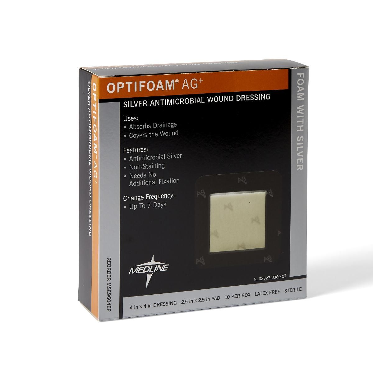 Optifoam® Ag+ Antibacterial Foam Dressings, Adhesive, 4" x 4" (10.2 x 10.2 cm) Pad: 2.5" x 2.5" (6.4 x 6.4 cm)