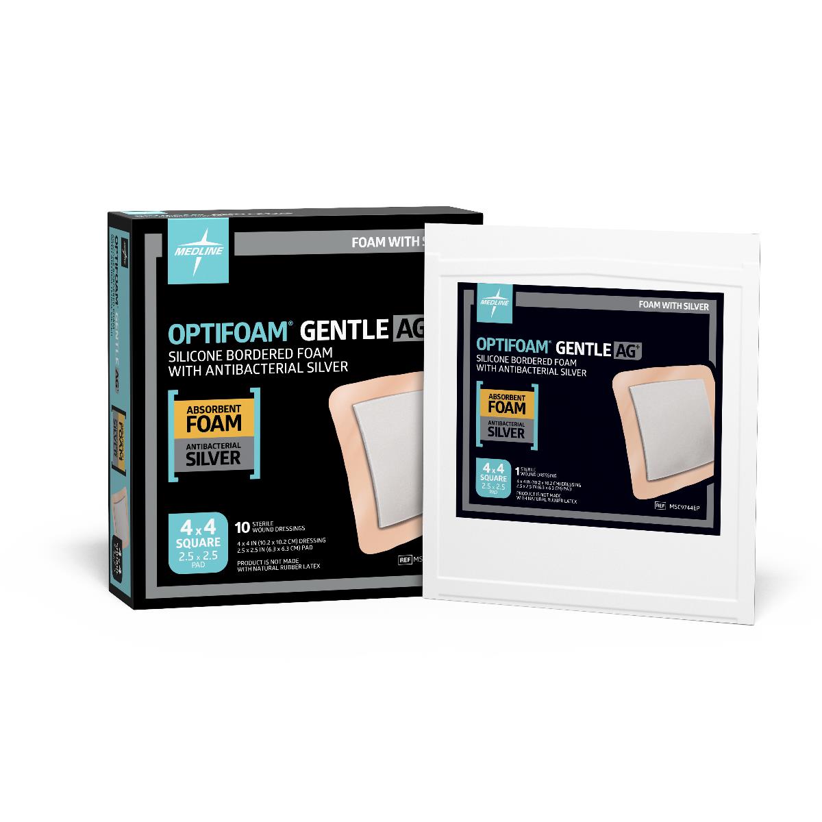 Optifoam® Gentle Ag+ Antibacterial Silicone Foam Dressings, 4" x 4" (10.2 x 10.2 cm)