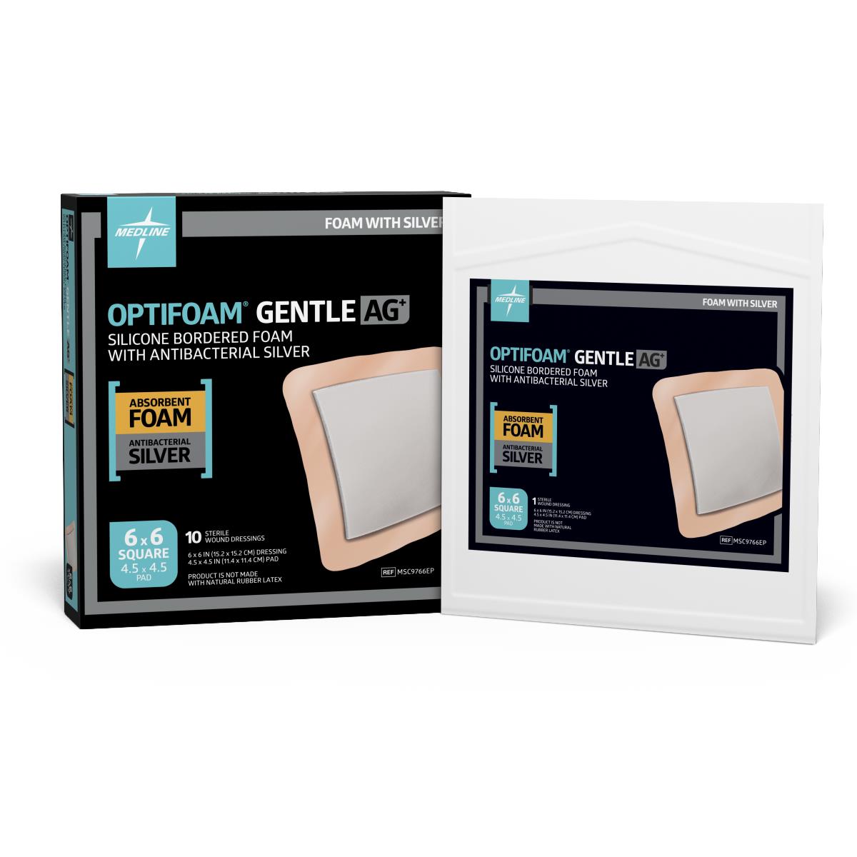 Optifoam® Gentle Ag+ Antibacterial Silicone Foam Dressings, 6" x 6" (15.2 x 15.2 cm)