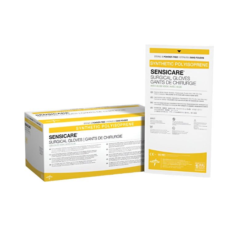 Medline SensiCare PI with Aloe sterile surgical glove family image; 100 pairs per case, size 6