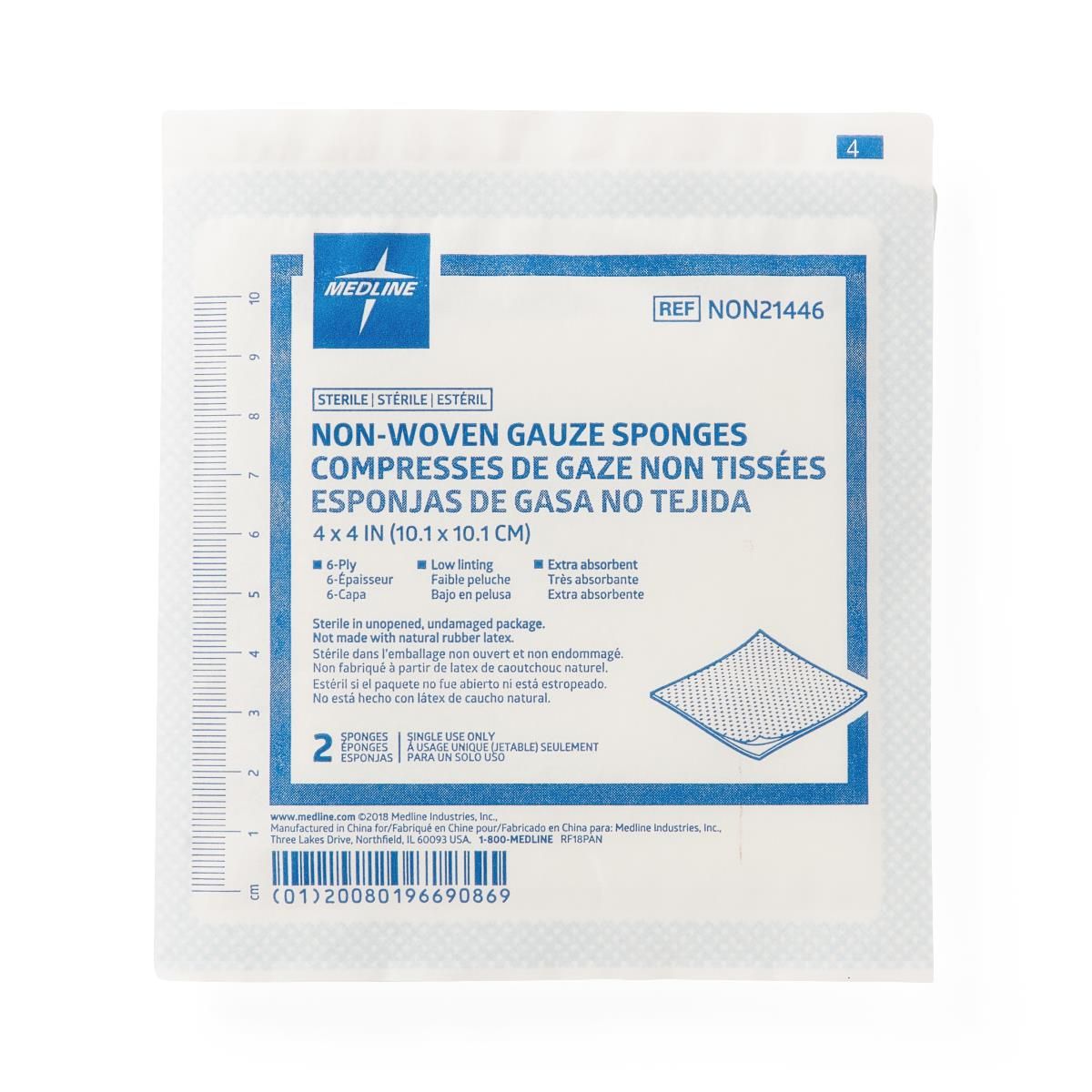 Sterile Non-Woven Gauze Sponge; 6-Ply, 4" x 4" (10 cm x 10 cm), 2/pk