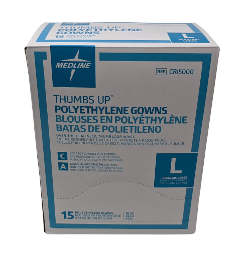 Medline Thumbs Up polyethylene gowns CRI5000 packaging