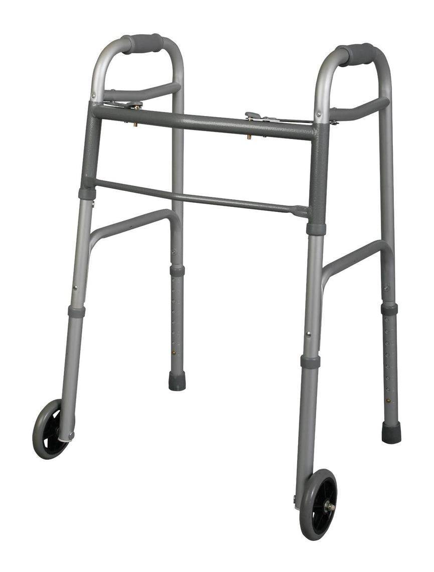 Youth 2-Button Folding Walker with 5" Wheels; Junior, Aluminum