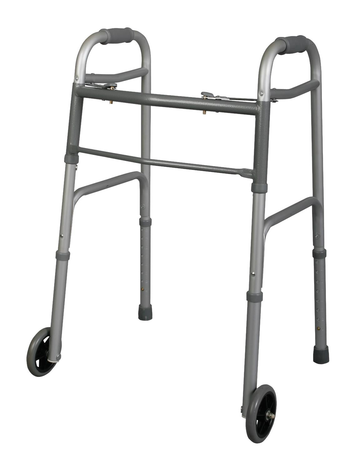Youth 2-Button Folding Walker with 5" Wheels; Junior, Aluminum