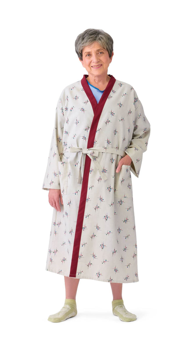 Patient Robe; Large, Grey, Cranberry Trim — Pack of 12