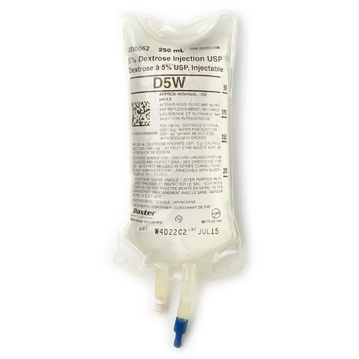Genuine supplier packaging photograph of Baxter Dextrose5; selected bag volume and selling case stated in listing.