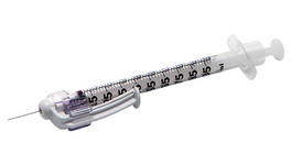 Actual supplier photograph of BD SafetyGlide Allergy syringe with permanently attached needle; listing states selected size and selling pack.