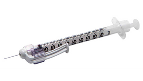 Actual supplier photograph of BD SafetyGlide Allergy syringe with permanently attached needle; listing states selected size and selling pack.