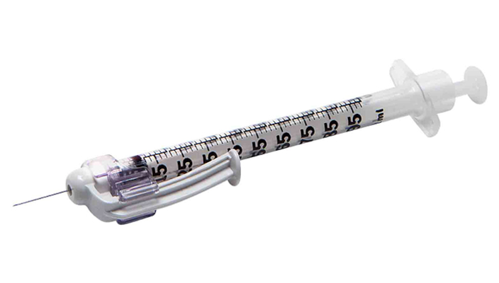 Actual supplier photograph of BD SafetyGlide Allergy syringe with permanently attached needle; listing states selected size and selling pack.