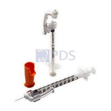 Actual supplier photograph of BD SafetyGlide Insulin syringe with permanently attached needle; listing states selected size and selling pack.