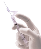 BD SafetyGlide safety needle family shown attached to a syringe