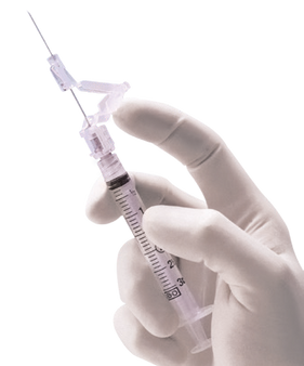 BD SafetyGlide safety needle family shown attached to a syringe