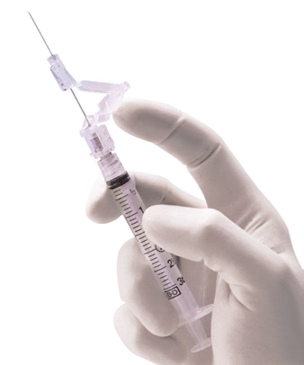 BD SafetyGlide safety needle family shown attached to a syringe